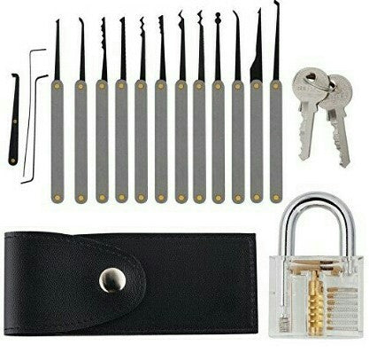15-Piece Lock Pick Practice Set — Clear Padlock & Broken-Key Hooks